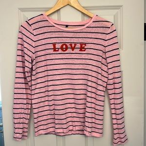 Lou & Gray pink long sleeve “Love” linen shirt.